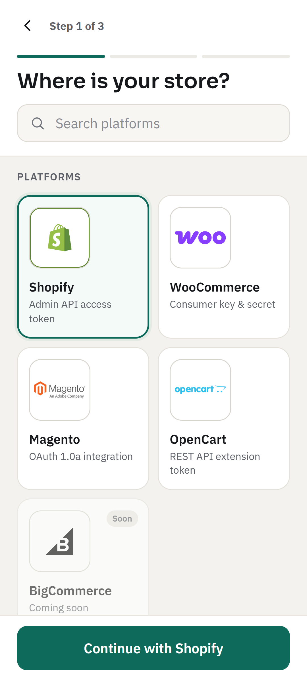 GoArk Connect a store screen with Shopify, WooCommerce, Magento, and OpenCart platform options