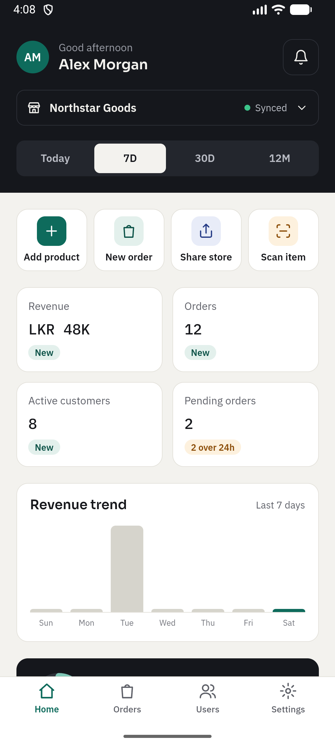 GoArk dashboard showing fictional sample revenue, orders, and customers